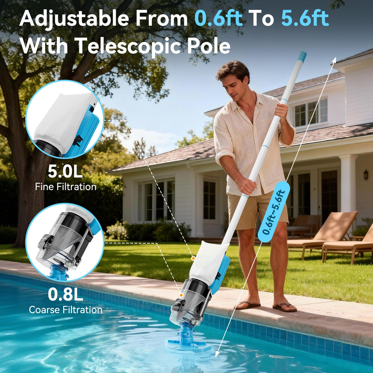 ROBOKLEEN adjustable pole enables handheld and extended cleaning.