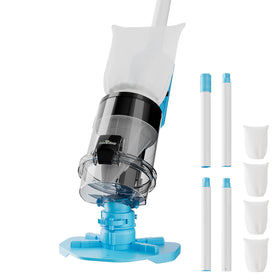 ROBOKLEEN cordless pool vacuum with telescopic pole extending reach to pool corners.