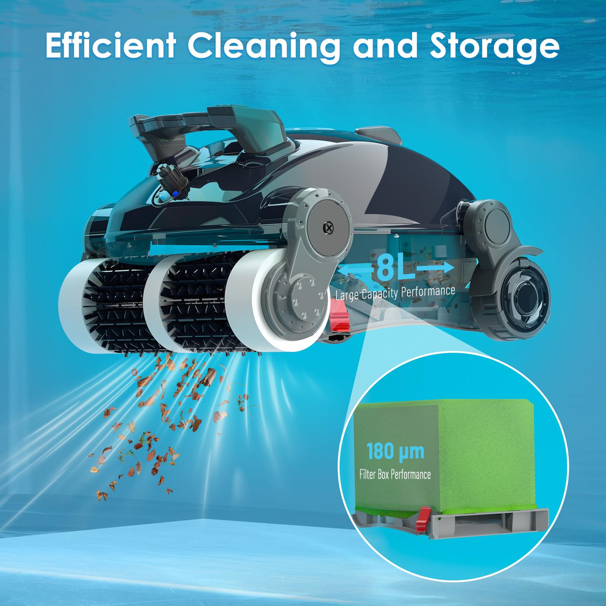 ROBOKLEEN X1 underwater cleaning across pool floor in action.