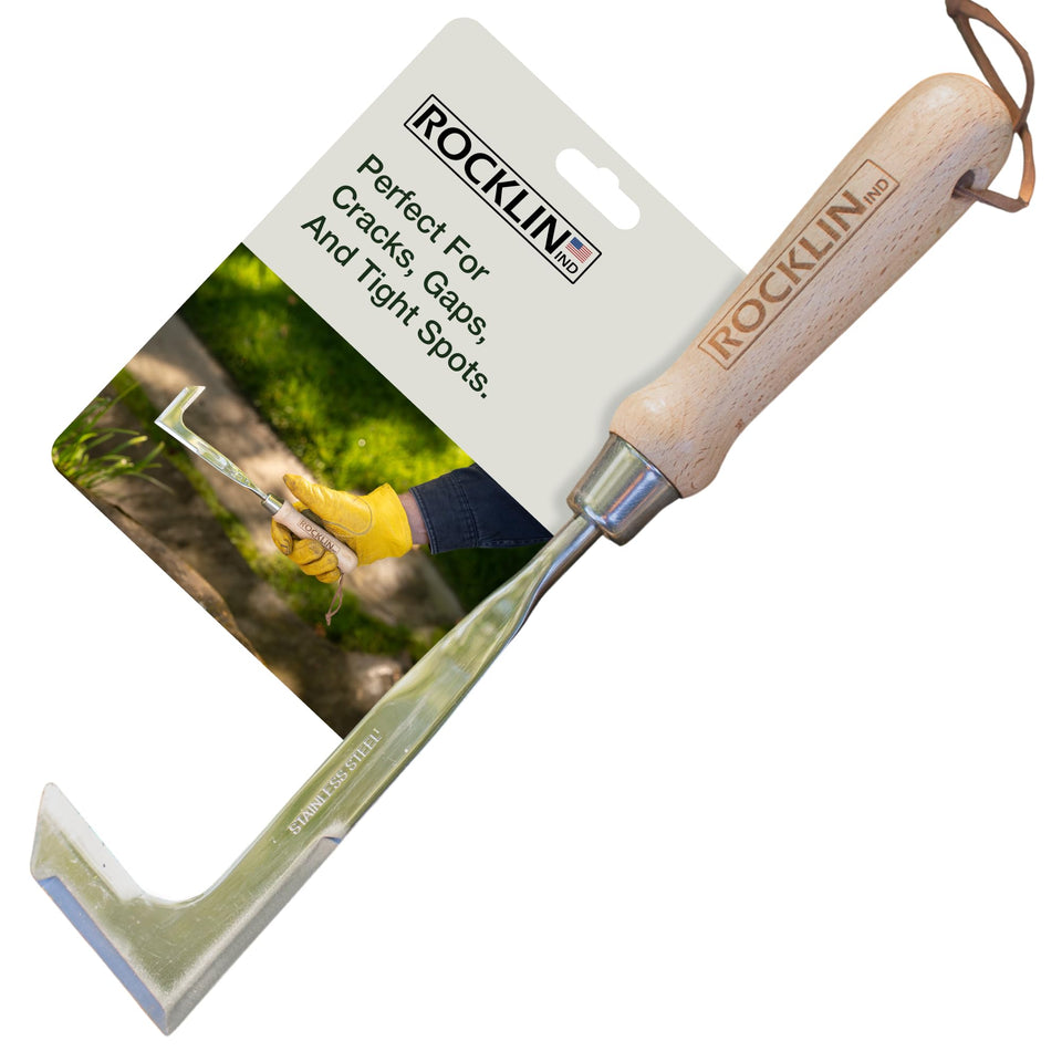 Rocklin Crack Weeder 13in steel blade in action between pavers for easy weed removal