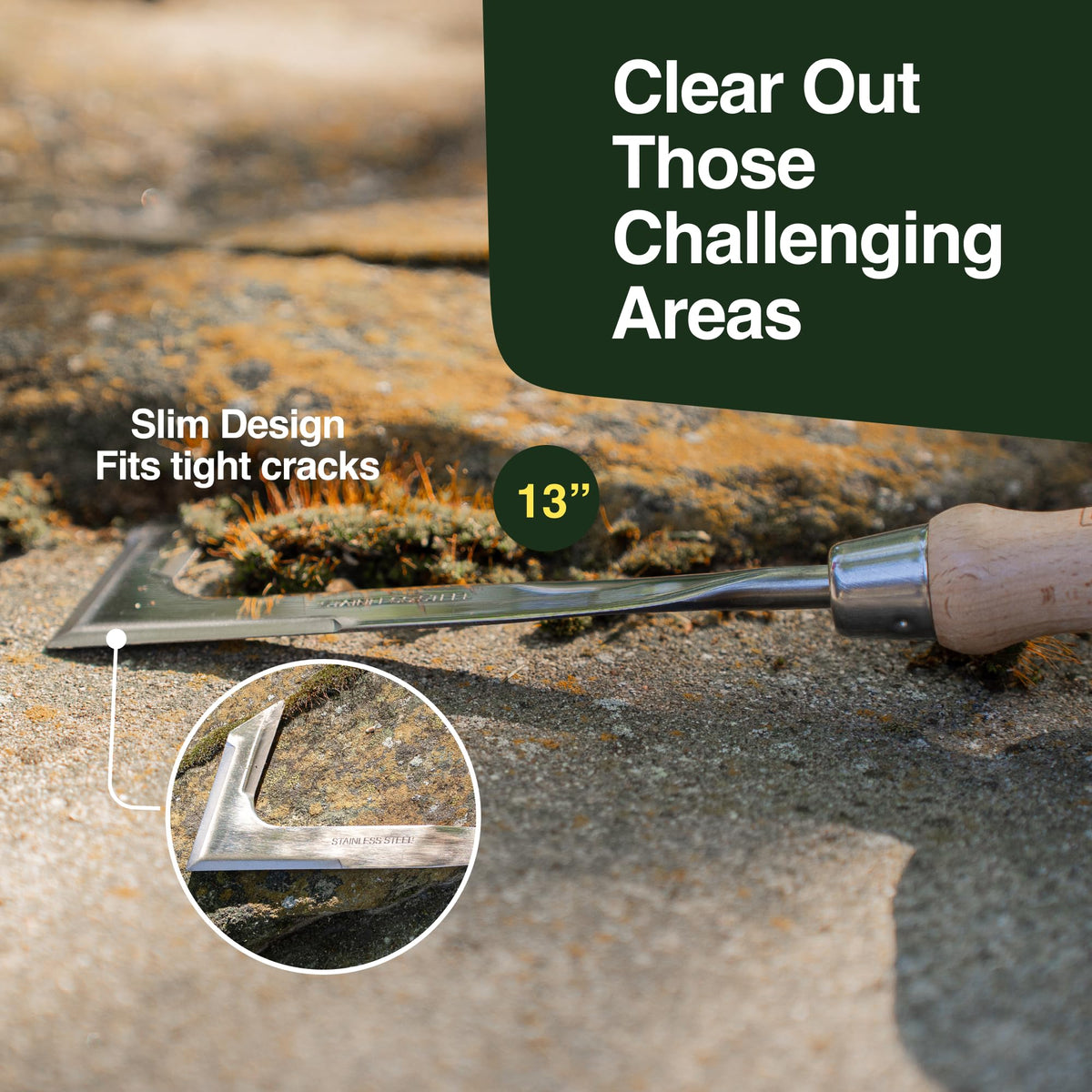 Foot pedal and diamond grip on Rocklin Weeder for stable leverage