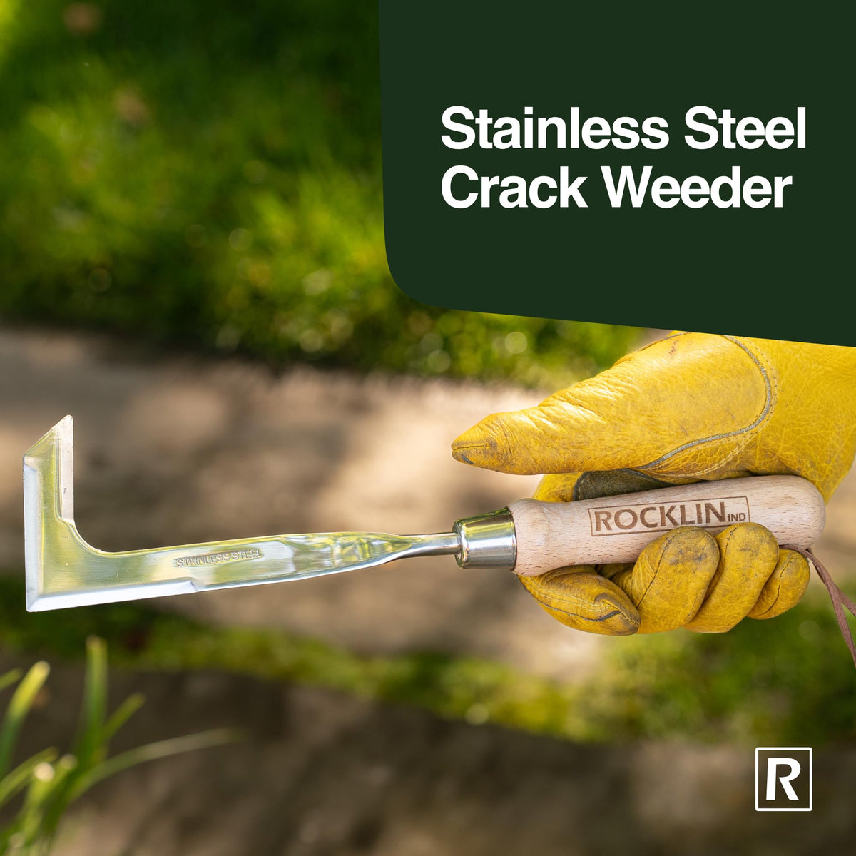 Close-up of Rocklin Weeder's L-shaped blade reaching narrow cracks