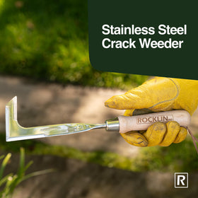 Close-up of Rocklin Weeder's L-shaped blade reaching narrow cracks