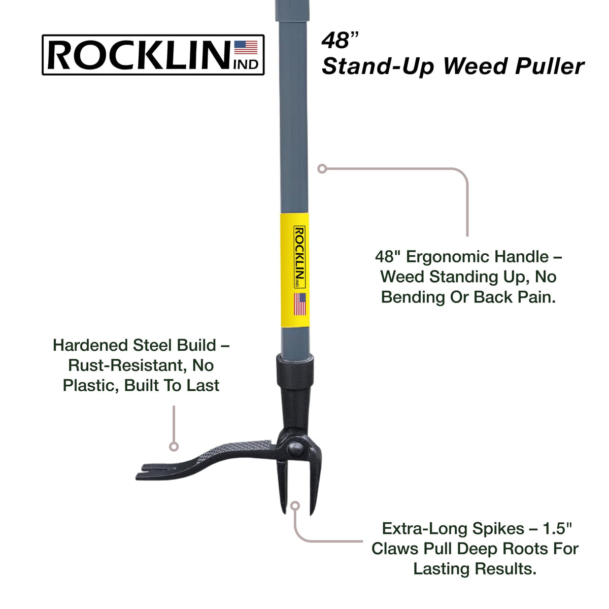 Rocklin weed puller with 48-inch handle for standing use