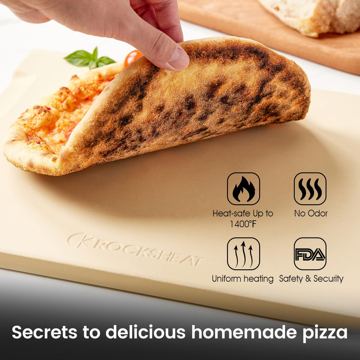 ROCKSHEAT pizza stone with double-handles for safe transfer.