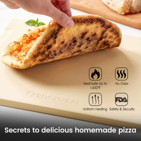 ROCKSHEAT pizza stone with double-handles for safe transfer.