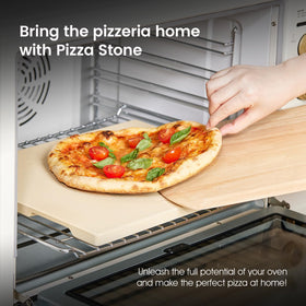 ROCKSHEAT pizza stone on grill for even heat and browning