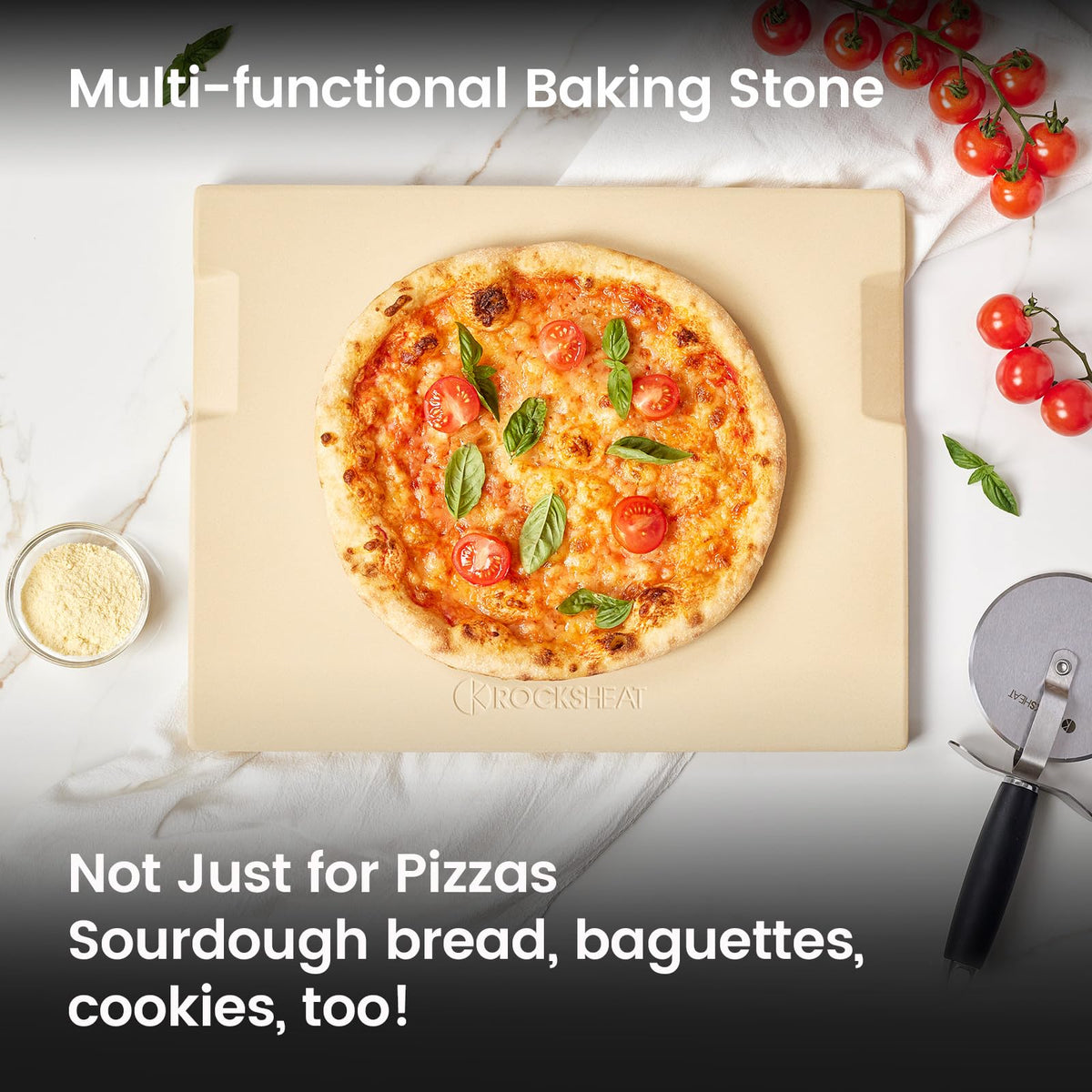 ROCKSHEAT four built-in handles simplify oven to counter transfer