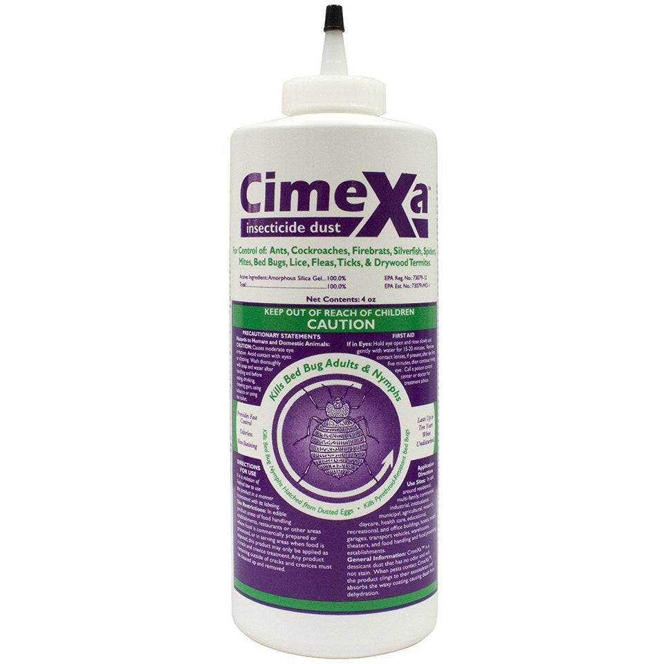 Rockwell Labs Cimexa dust bottle for bed bug control; odorless and long-lasting.