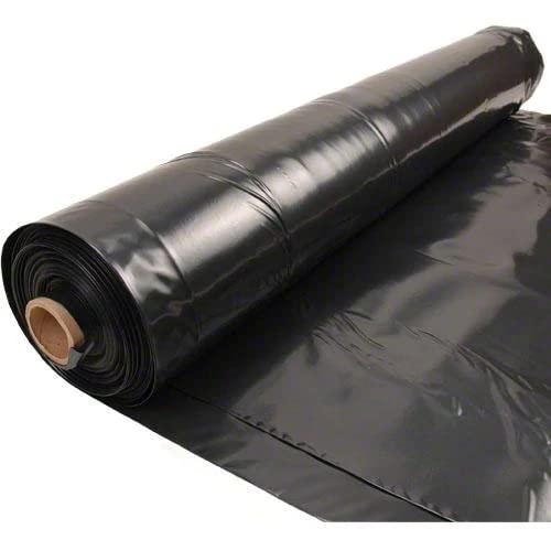 Rocky Mountain Goods 4 Mil black plastic sheeting used as weed barrier and landscaping cover.