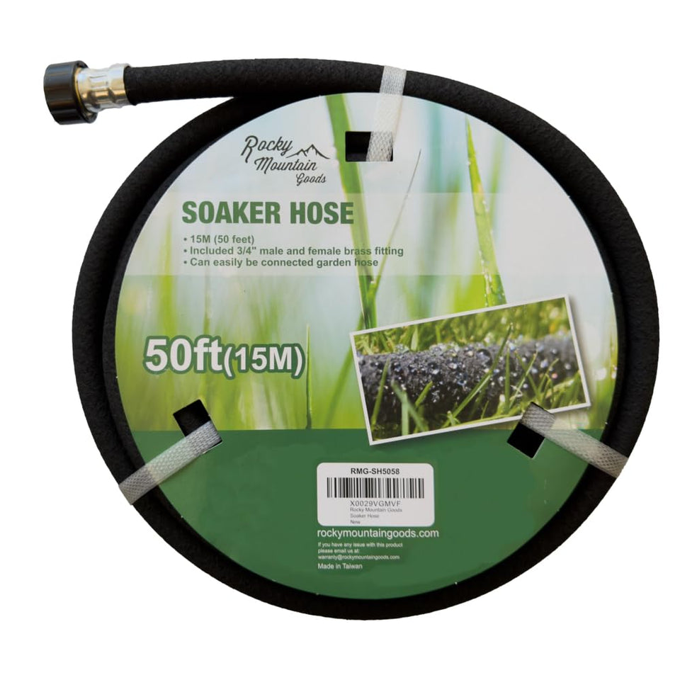 Rocky Mountain Goods soaker hose 50 ft, 5/8 inch, helps hydrate garden beds efficiently.