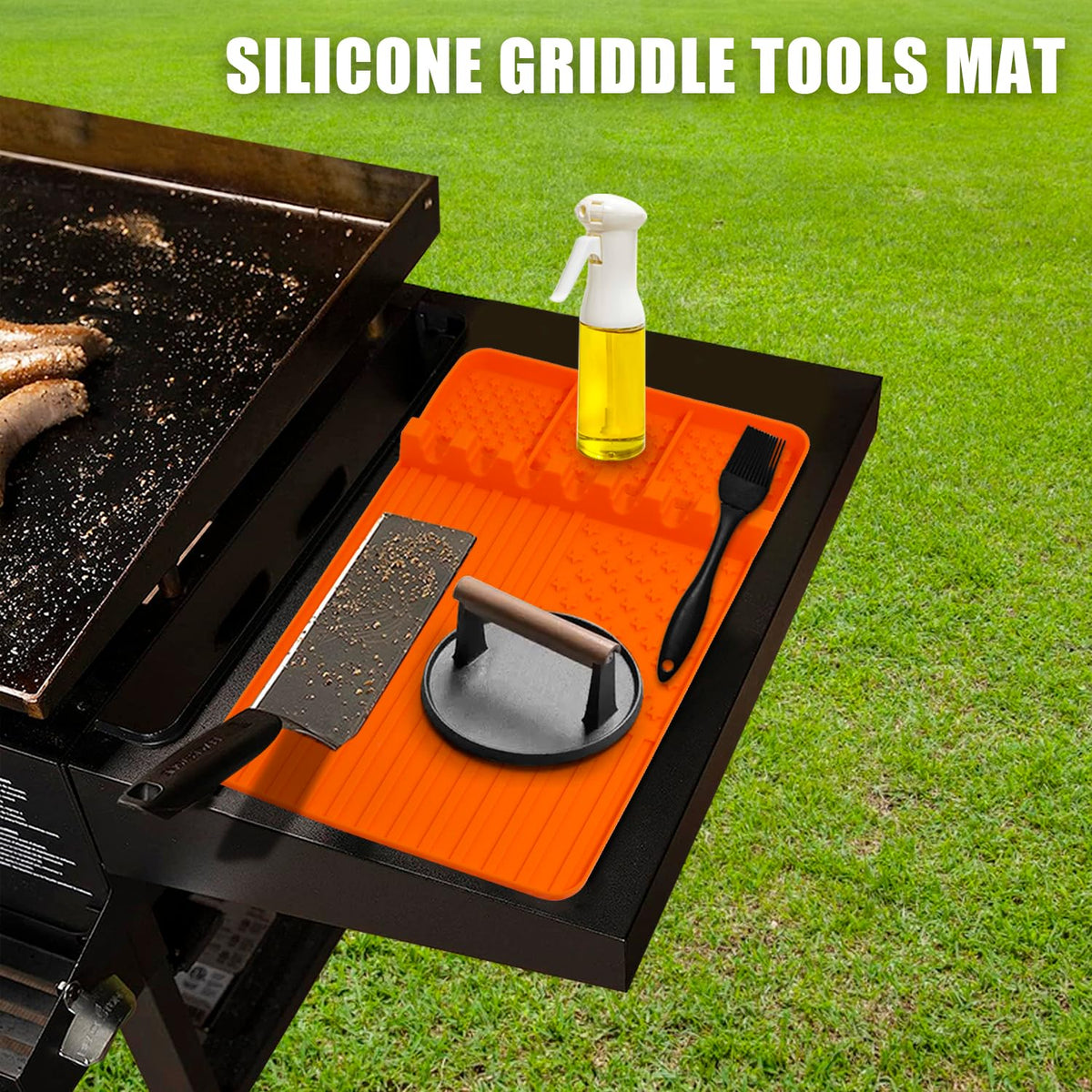 Rodnsurw Blackstone grill accessory mat beside the grill station.