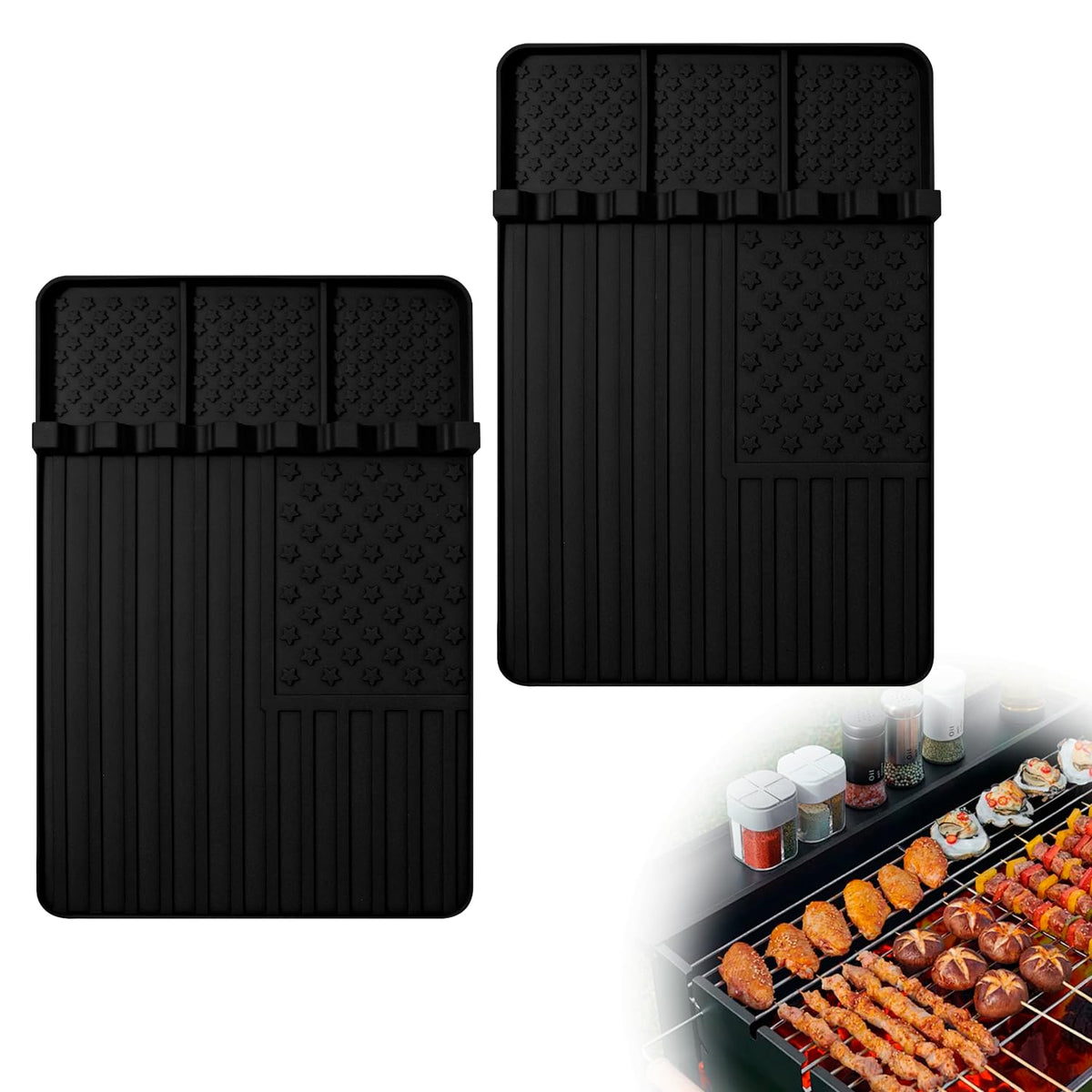 Rodnsurw roll-up storage feature for compact grill tool organization.