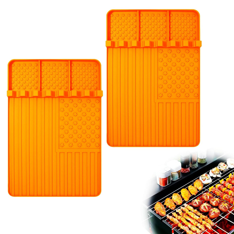 Rodnsurw silicone grill mat showing seven-slot tool caddy for organized grilling