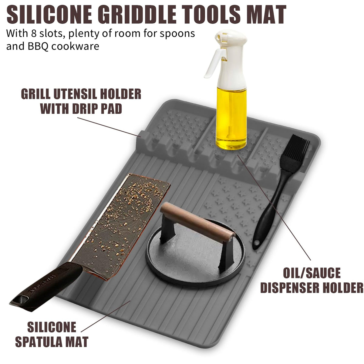 Rodnsurw grill mat with seven slots keeps multiple tools neatly separated.