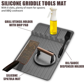 Rodnsurw grill mat with seven slots keeps multiple tools neatly separated.
