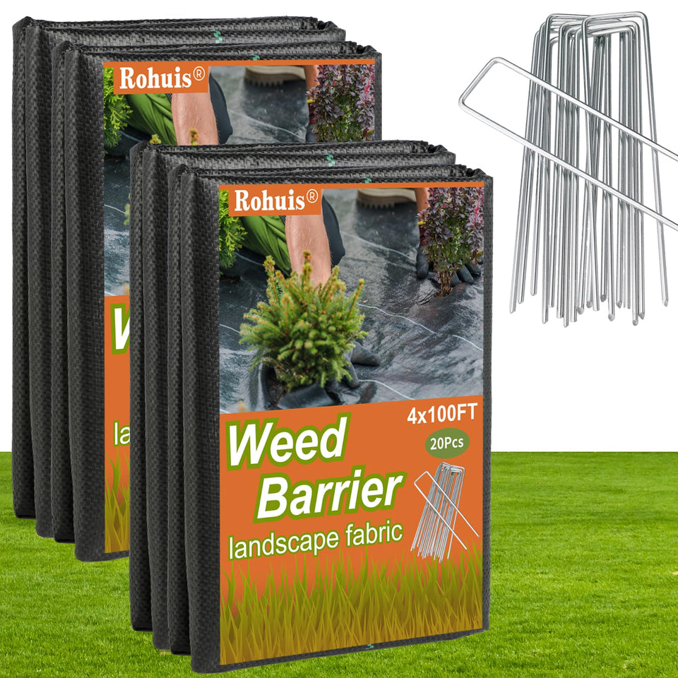 Rohuis weed barrier fabric 4ft x 100ft suppresses weeds while allowing air and water flow.