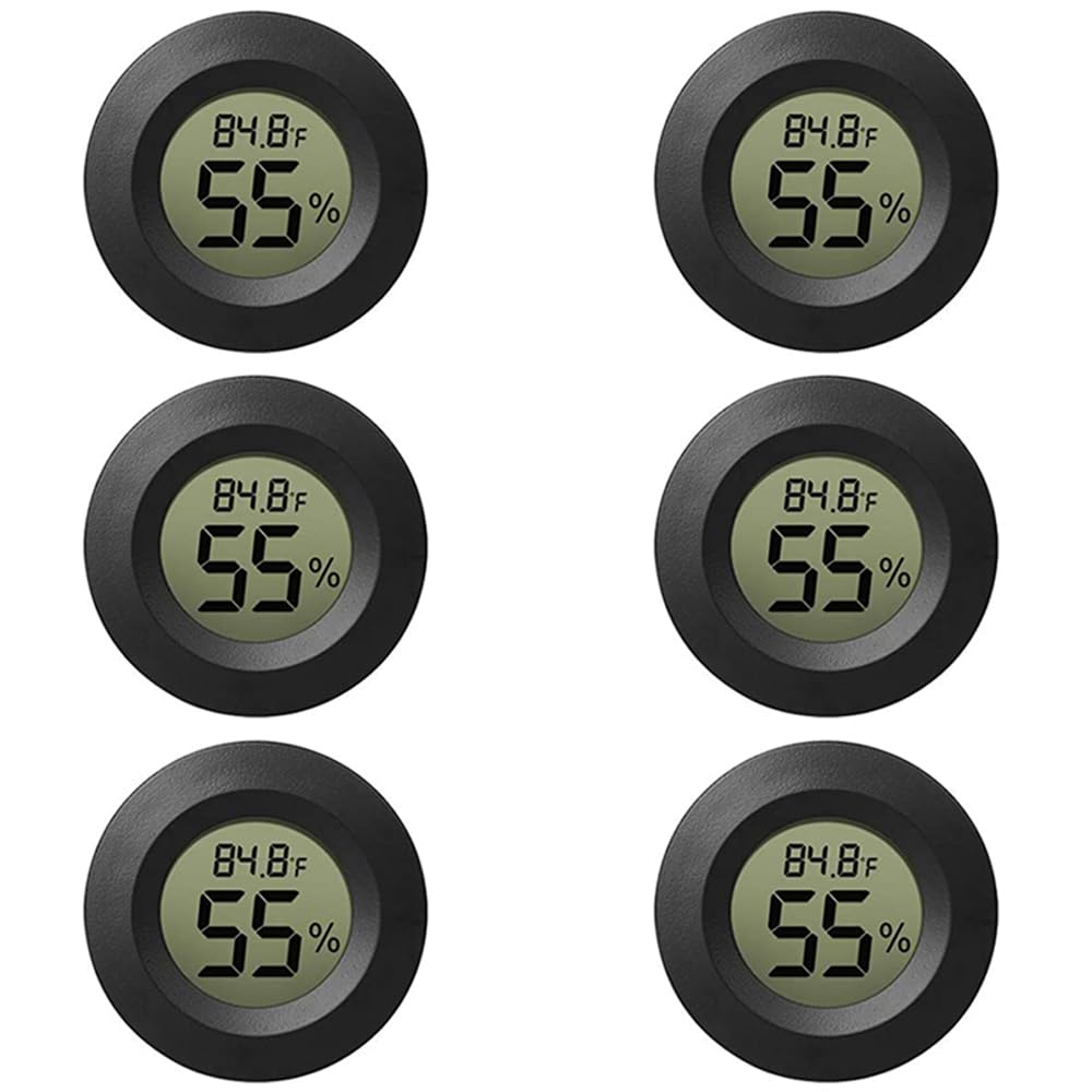 Rojuna six-pack mini hygrometer package front for quick room humidity and temperature checks.