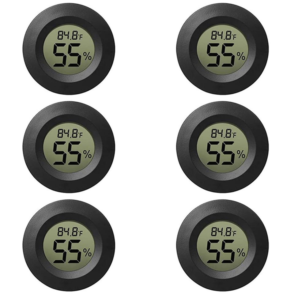 Rojuna six-pack mini hygrometer package front for quick room humidity and temperature checks.