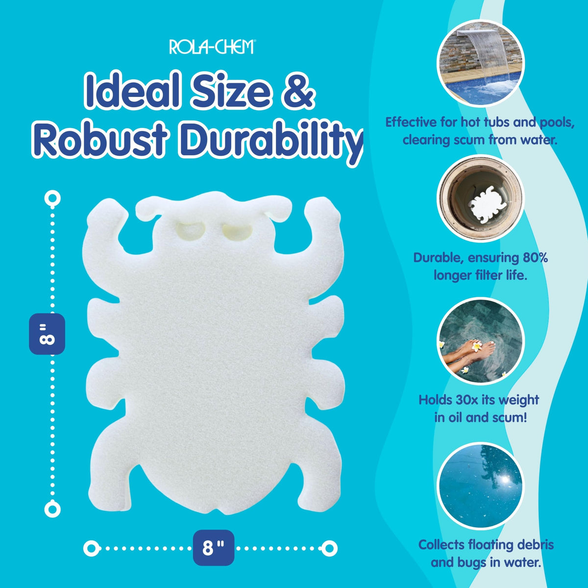 Rola-Chem Scumbug floats in water, absorbing contaminants without clogging filters.