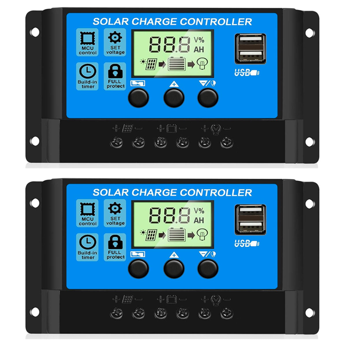 Rolokit 2 pack 30A PWM controller front view with LCD display and ports for easy monitoring