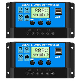Rolokit 2 pack 30A PWM controller front view with LCD display and ports for easy monitoring