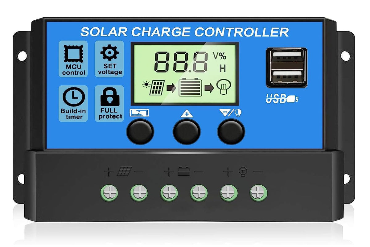 Rolokit 30A PWM solar controller LCD display shows charging status for easy monitoring.