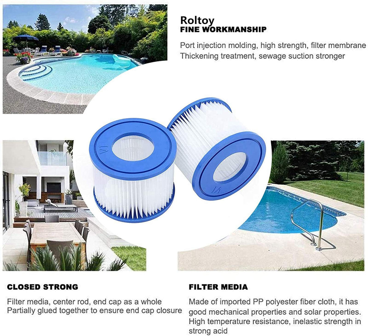 Roltoy VI filter keeps spa water clean and fresh after use.