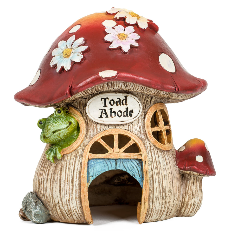 Roman Inc Toad Abode with Daisy statue in outdoor resin stone finish for charm