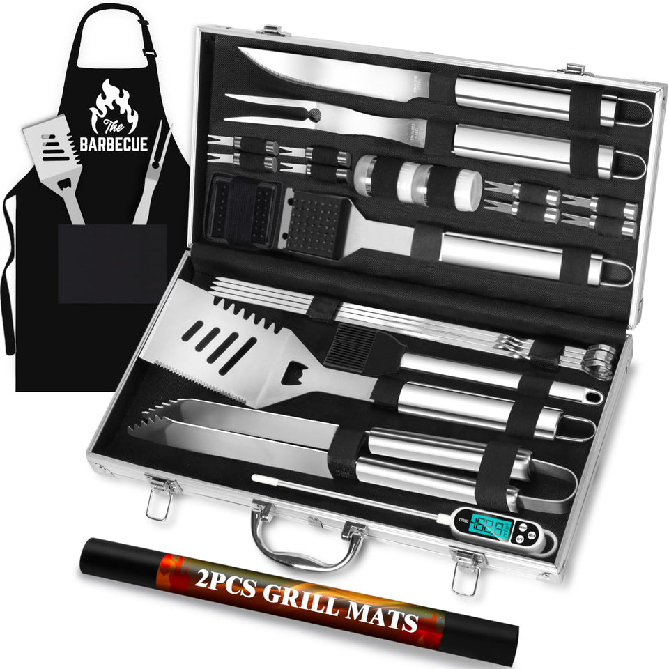 Romanticist 26-piece grilling gifts case organized for travel and gatherings