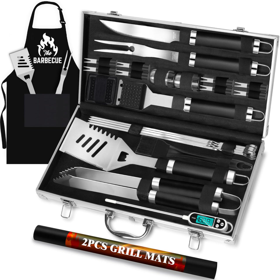 ROMANTICIST 26-piece grilling set in aluminum case, organized for backyard barbecues