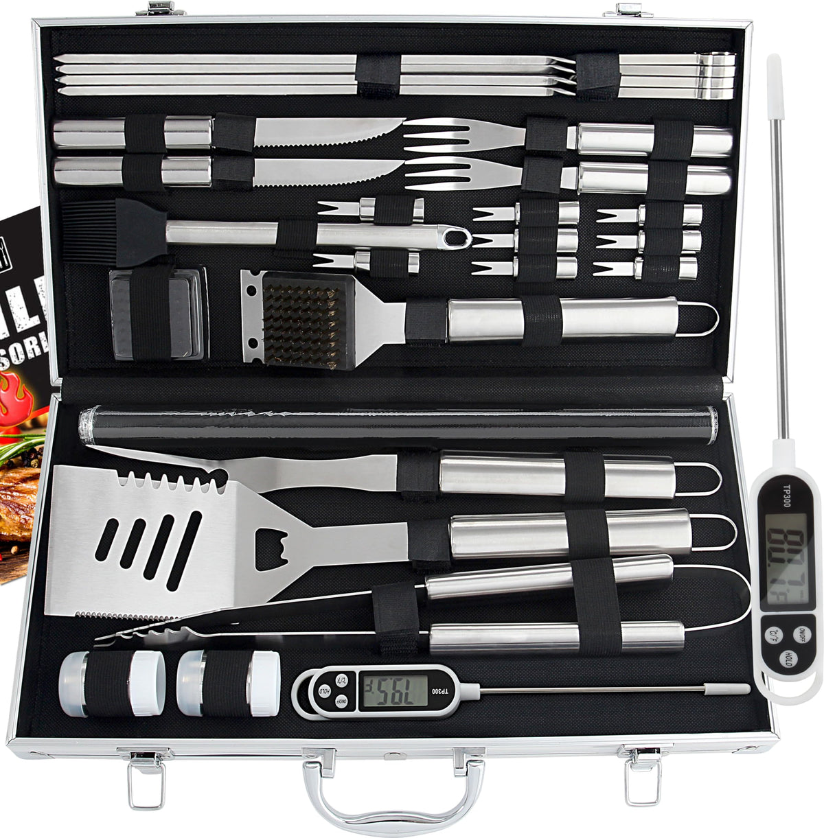 ROMANTICIST 28pcs BBQ set in case, complete outdoor cooking kit for easy grilling