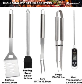 ROMANTICIST BBQ tools with spatula, fork, and tongs for versatile grilling