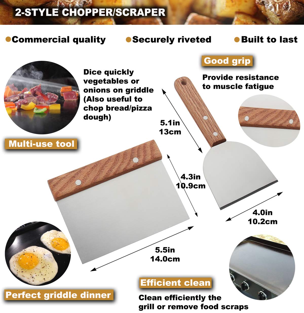 ROMANTICIST curved-edge spatula for easy maneuvering on flat-top grills