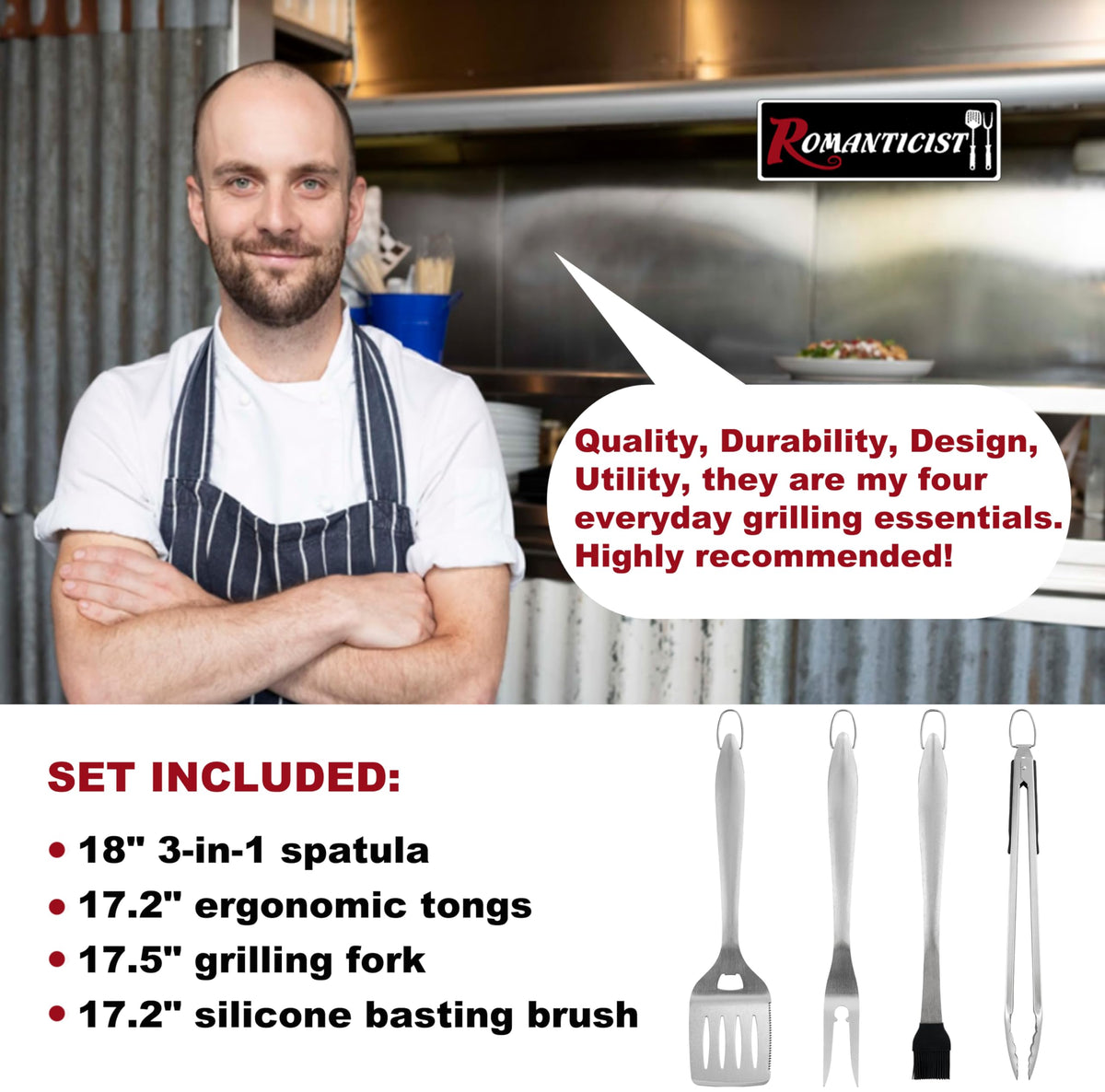 ROMANTICIST grill spatula with bottle opener and serrated edge for versatile prep.