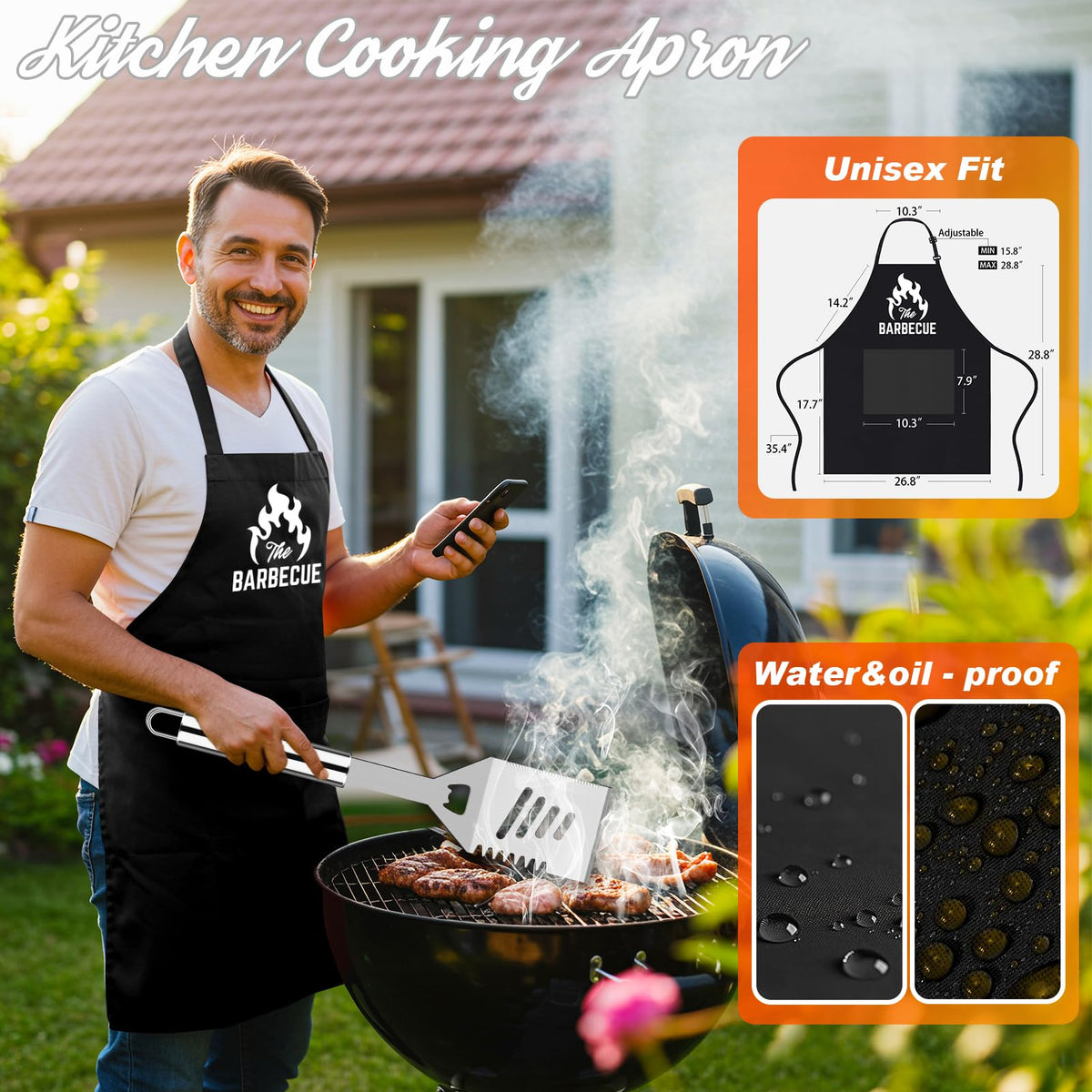 Romanticist grilling apron in use protecting clothing during cooking