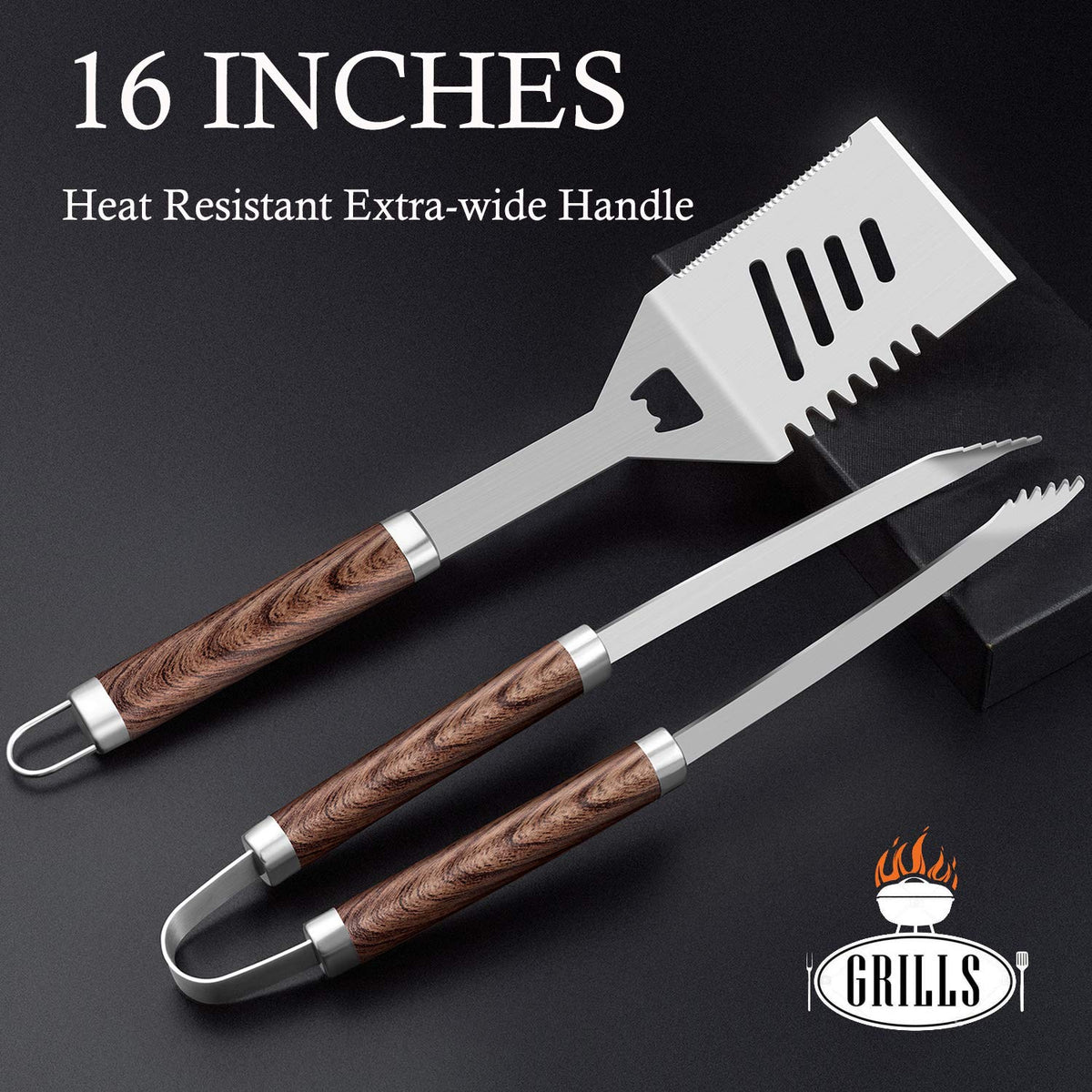 Romanticist stainless steel BBQ utensils with heat resistant handles.
