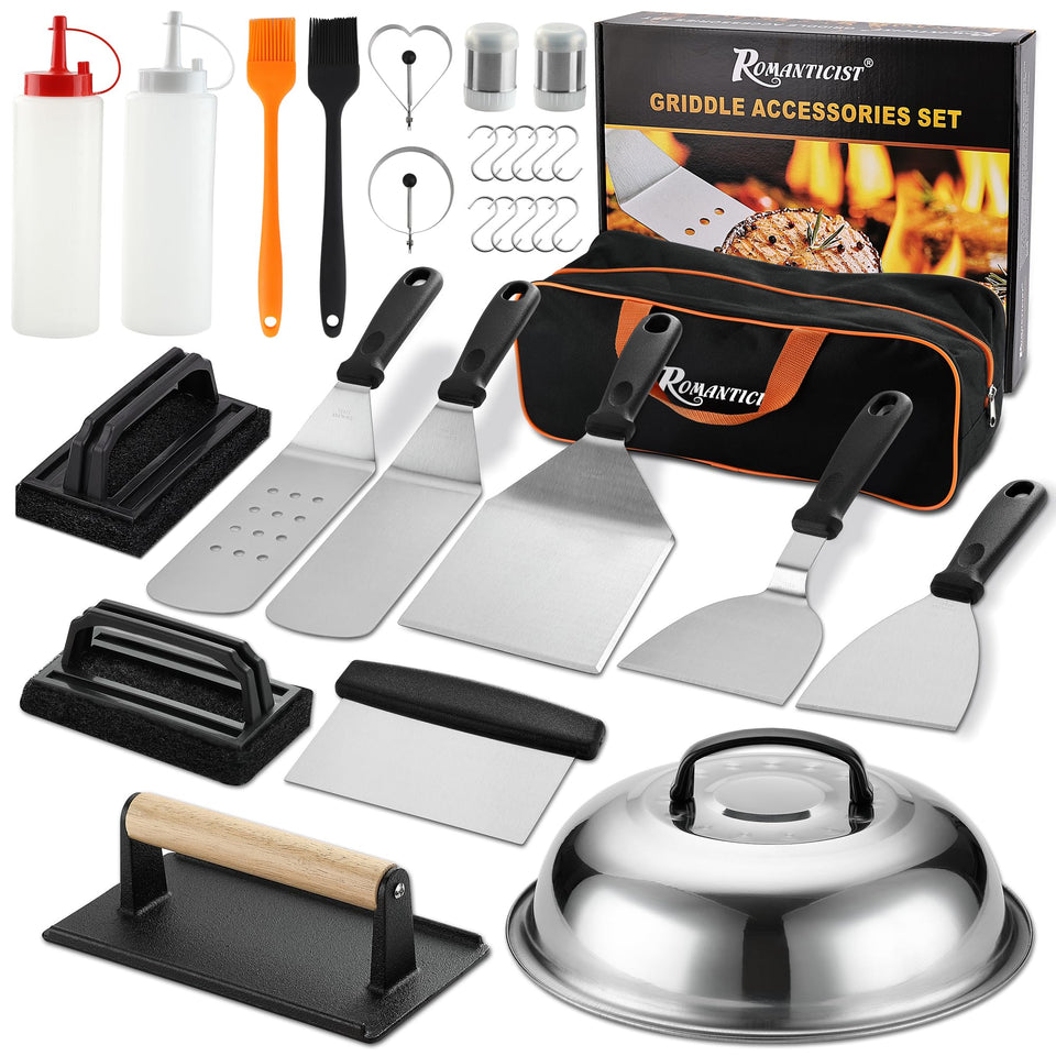 ROMANTICIST teppanyaki spatulas pair for precise flipping and even heat distribution.