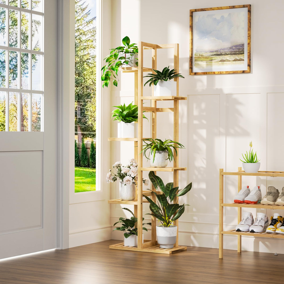 ROMGUAR CRAFT 6 Tier Bamboo Plant Stand side view showing tall plant organization