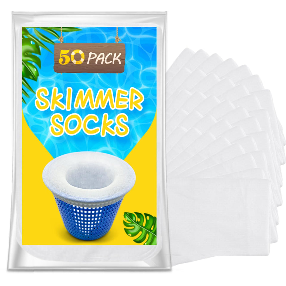 ROMIVO 50-pack pool filter socks protect skimmer baskets from debris for cleaner filtration.