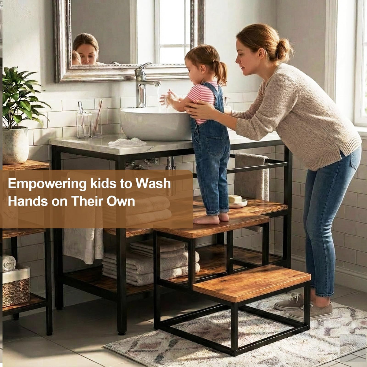 ROMIVO bathroom sink handwashing step shows kid-friendly height and stability