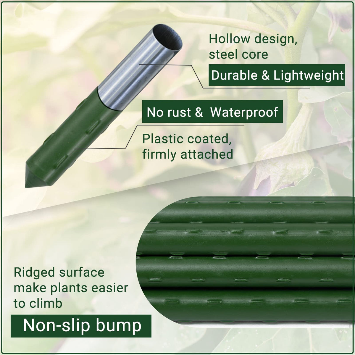 ROMODEN 50-pack plastic-coated steel stakes for versatile garden use.