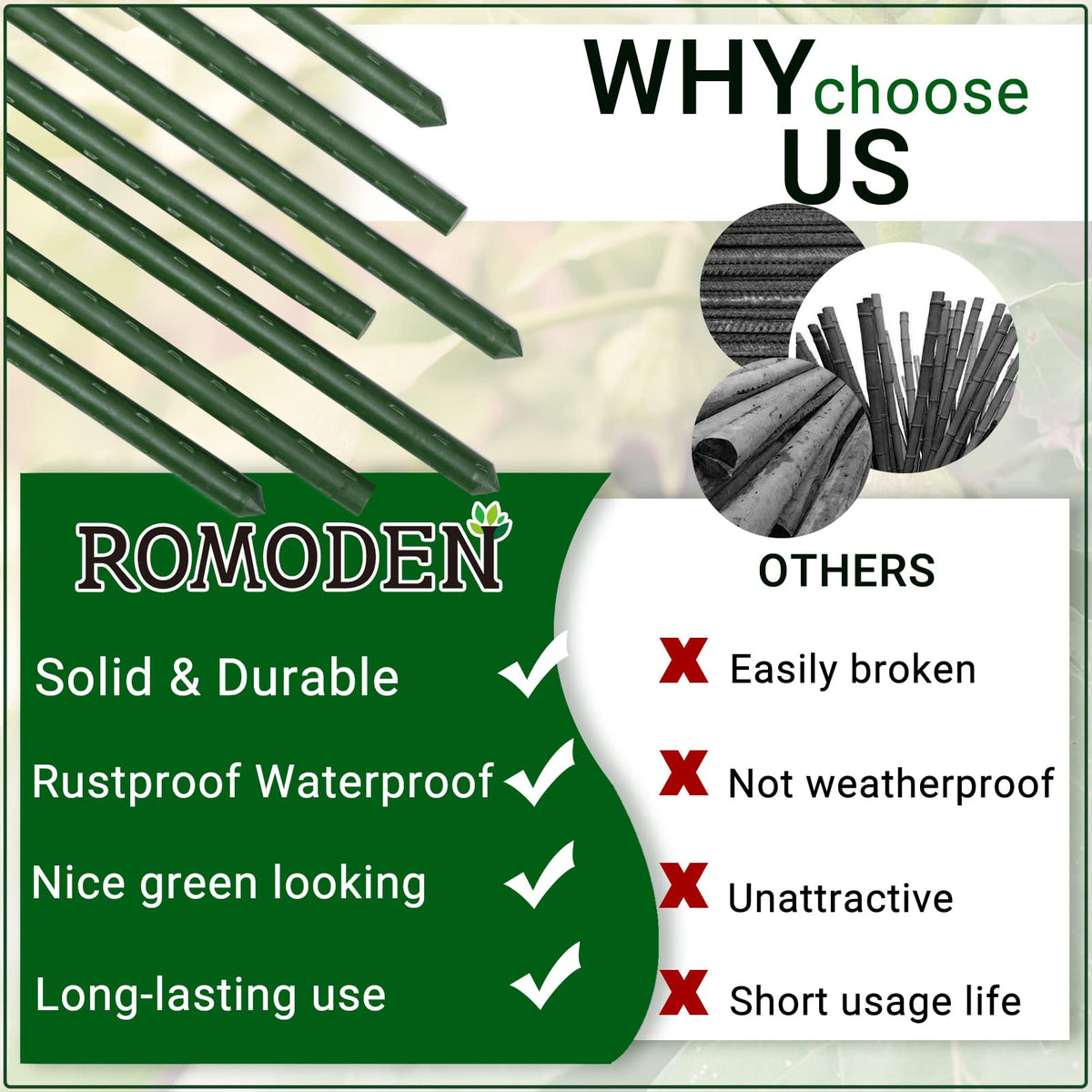 ROMODEN ridged-surface stake grips plants securely in wind.