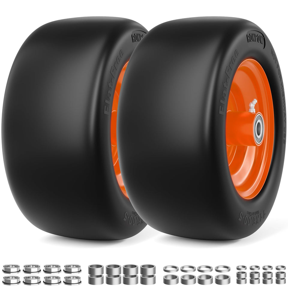 RONPOW 11x6.00-5 flat free tire front view highlighting durability for long mowing sessions
