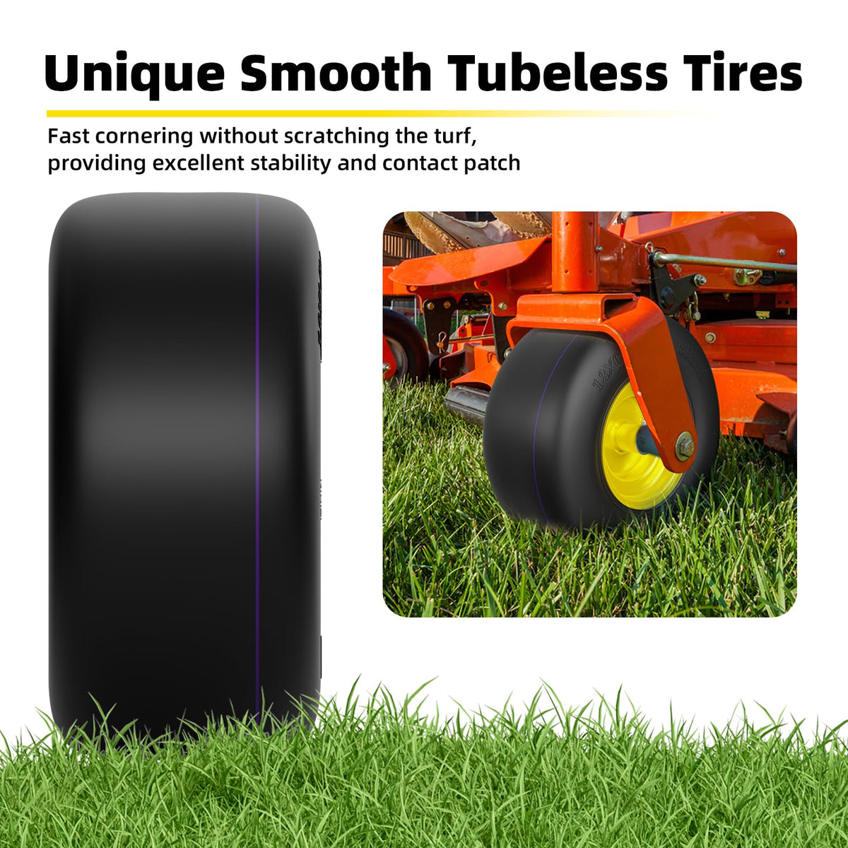 RONPOW tire on green lawn during mowing demonstrates smooth roll.