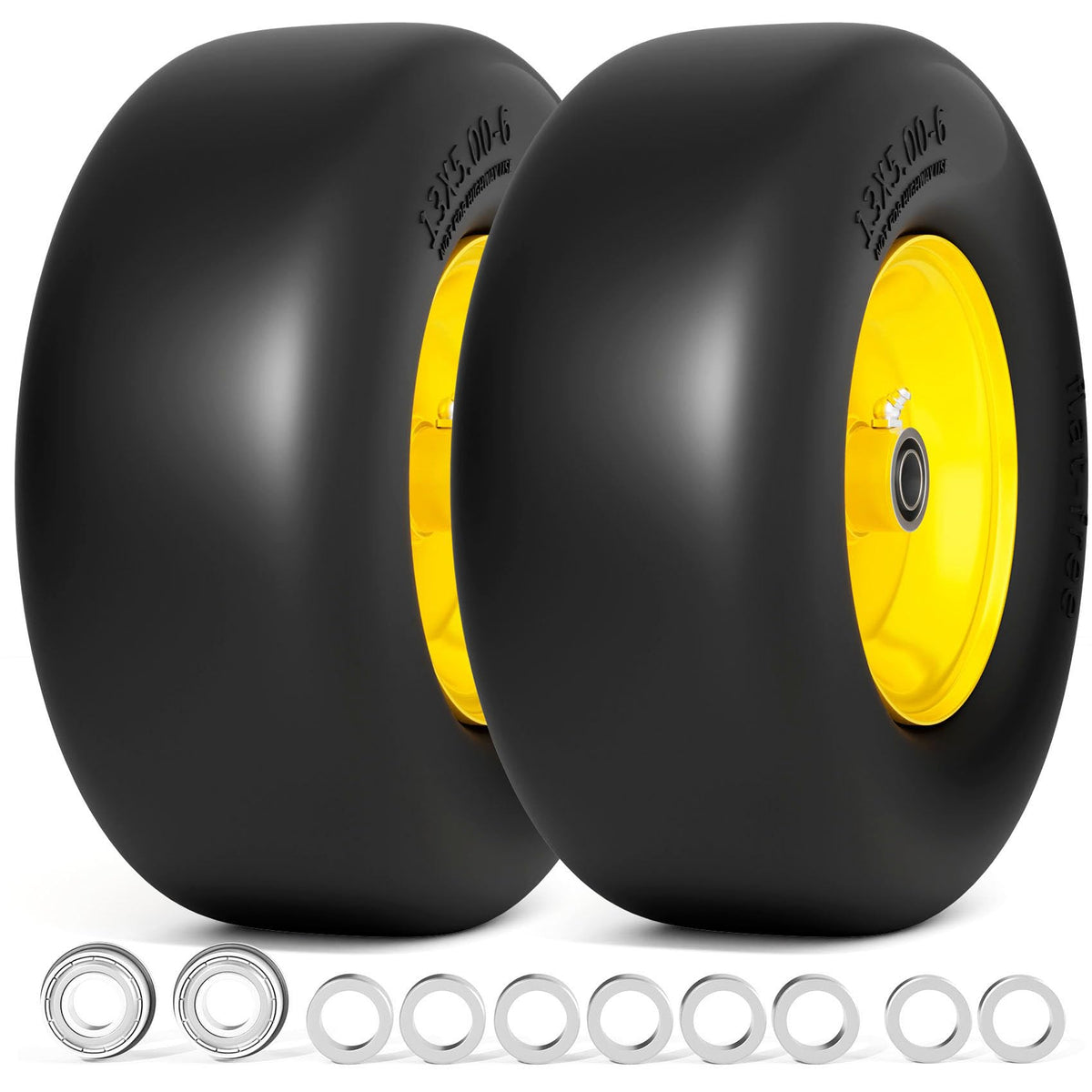 RONPOW 13x5-6 tire closeup highlighting durable polyurethane construction for extended mowing