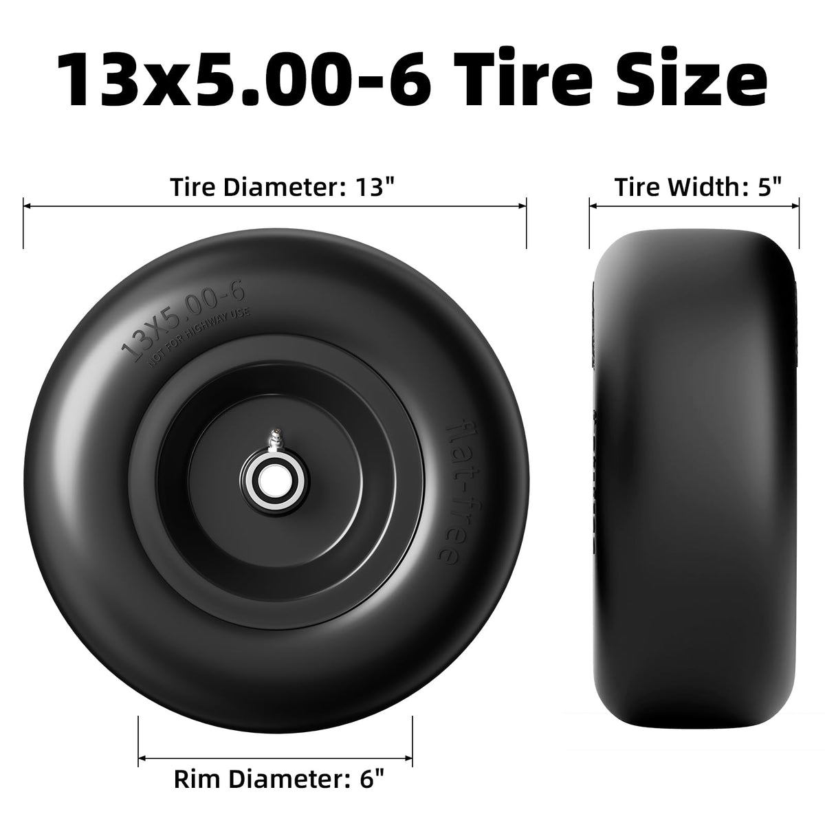 RONPOW 13x5-6 flat free tire side view illustrating stable traction on uneven terrain