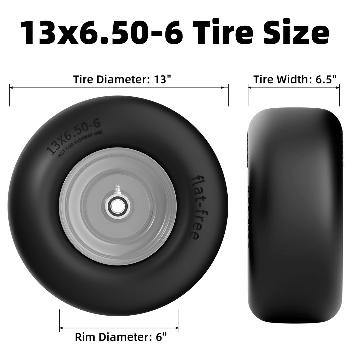 RONPOW 13x6.50-6 flat free tire side view showing robust construction and stability