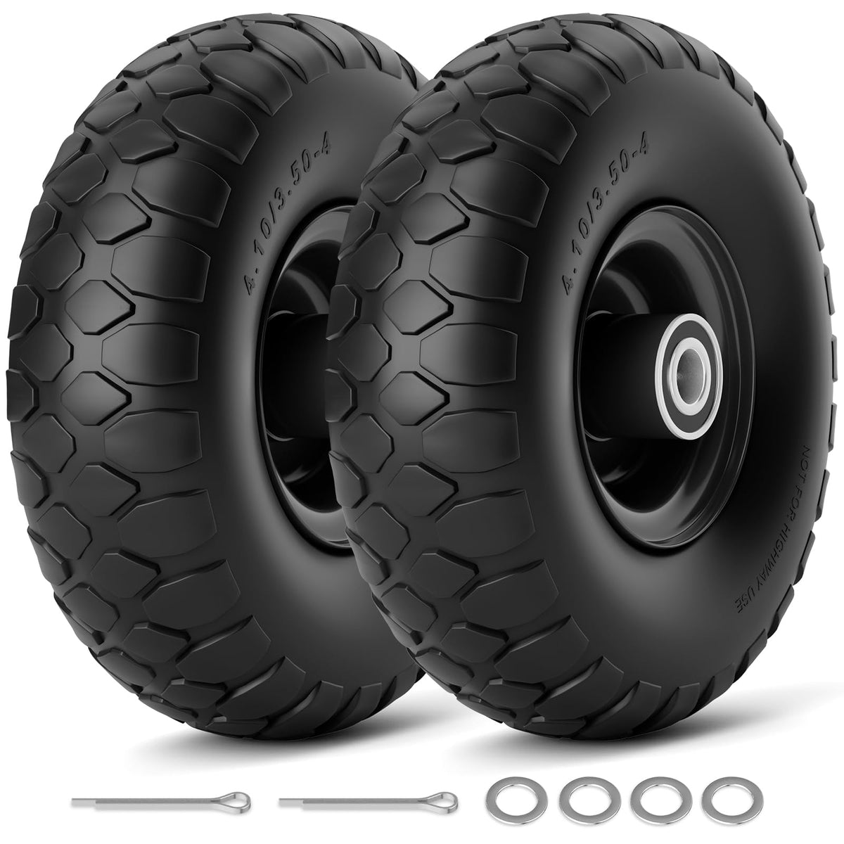 RONPOW flat-free tire close-up shows puncture-resistant polyurethane build for garden carts.