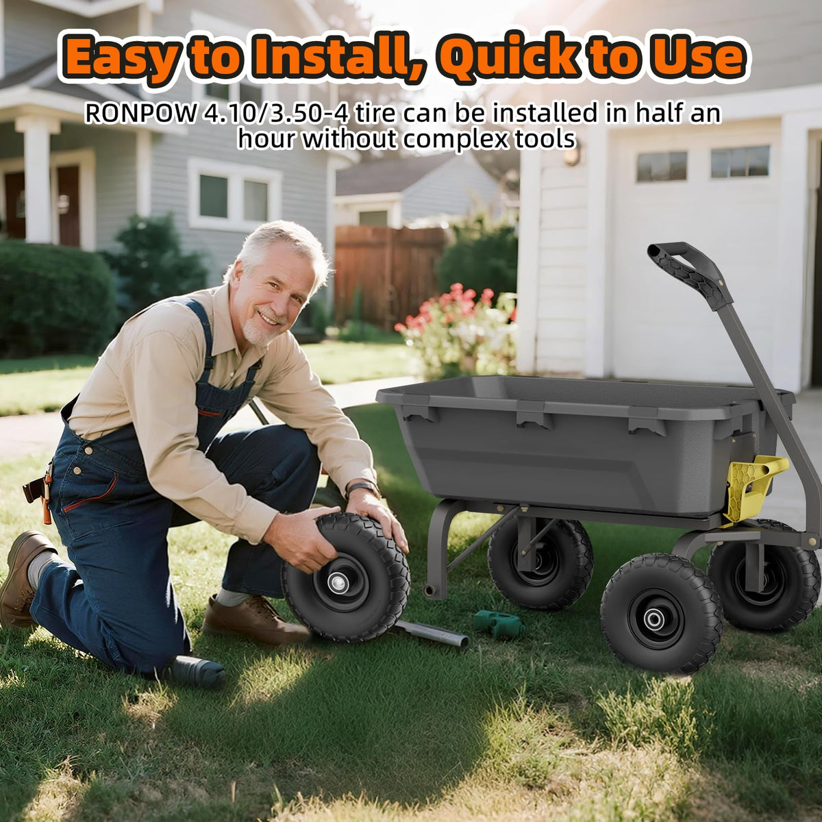 RONPOW tire on garden cart side view emphasizes rugged load handling.